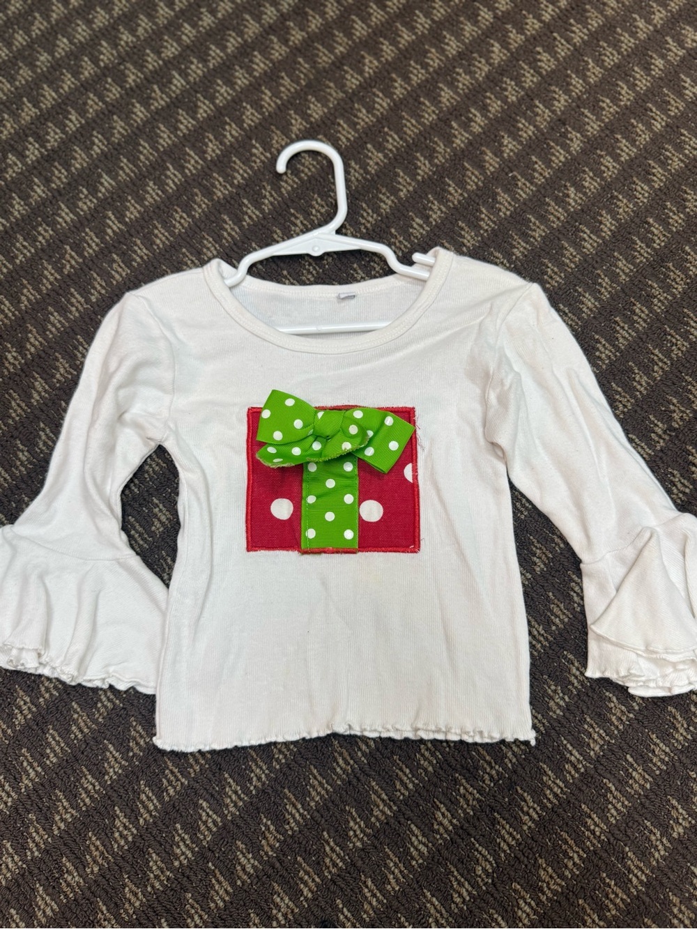 Girls White Long-Sleeve Top with Green Polka Dot Bow